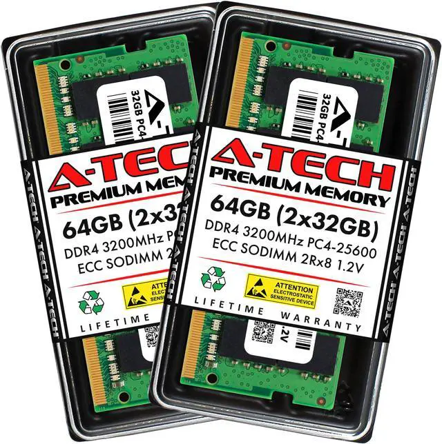 Main image of A-Tech 64GB (2x32GB) DDR4 3200 MHz ECC SODIMM PC4-25600 ECC Unbuffered SO-DIMM 260-Pin 1.2V 2Rx8 Dual Rank RAM Memory Upgrade Kit for Microservers, Mobile Workstations, and NAS Servers
