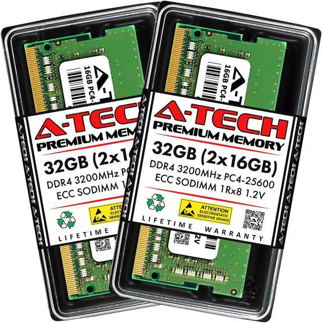 Main image of A-Tech 32GB (2x16GB) DDR4 3200 MHz ECC SODIMM PC4-25600 ECC Unbuffered SO-DIMM 260-Pin 1.2V 1Rx8 Single Rank RAM Memory Upgrade Kit for Microservers, Mobile Workstations, and NAS Servers