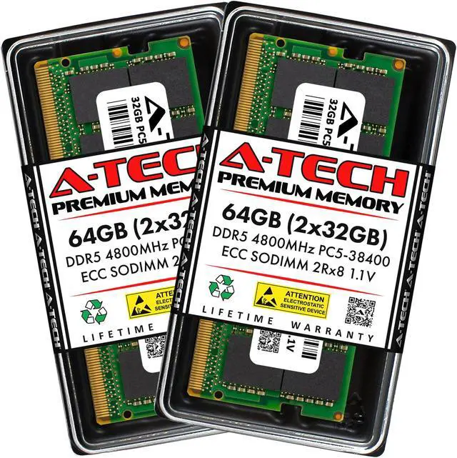 Main image of A-Tech 64GB (2x32GB) DDR5 4800 MHz ECC SODIMM PC5-38400 ECC Unbuffered SO-DIMM 262-Pin 1.1V 2Rx8 Dual Rank RAM Memory Upgrade Kit for Microservers, Mobile Workstations, and NAS Servers
