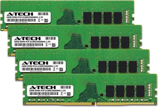 Alt view image 2 of 7 - A-Tech 64GB (4x16GB) DDR4 2666MHz DIMM PC4-21300 UDIMM Non-ECC Unbuffered CL19 1.2V 288-Pin Desktop Computer RAM Memory Upgrade Kit