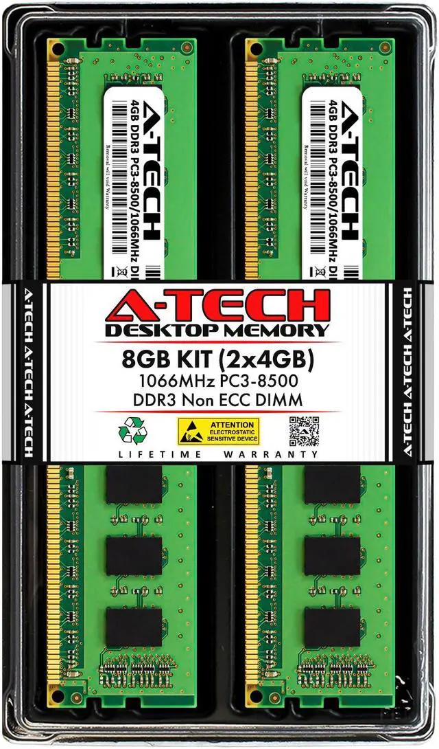 Main image of A-Tech 8GB (2x4GB) DDR3 1066MHz DIMM PC3-8500 UDIMM Non-ECC 1.5V CL7 240-Pin Desktop Computer RAM Memory Upgrade Kit