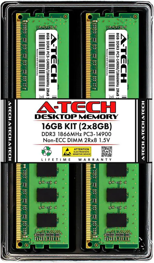 Main image of A-Tech 16GB (2x8GB) DDR3 1866MHz DIMM PC3-14900 UDIMM Non-ECC 1.5V CL13 240-Pin Desktop Computer RAM Memory Upgrade Kit