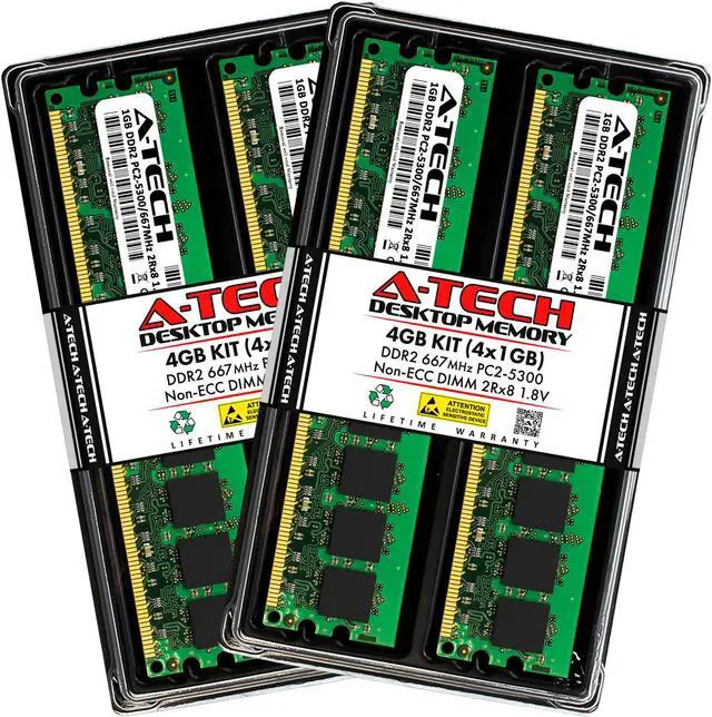Main image of A-Tech 4GB (4x1GB) DDR2 667MHz DIMM PC2-5300 UDIMM Non-ECC 1.8V CL5 240-Pin Desktop Computer RAM Memory Upgrade Kit