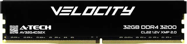 Main image of A-Tech Velocity 32GB DDR4 3200MHz (PC4-25600) CL22 XMP 2.0 UDIMM 1.2V Non-ECC DIMM 288-Pin Desktop PC Gaming Memory RAM Module - Black (AV32G4D32X)