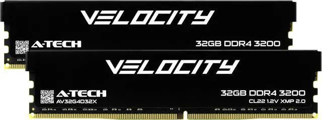 Main image of A-Tech Velocity 64GB (2x32GB) DDR4 3200MHz (PC4-25600) CL22 XMP 2.0 UDIMM 1.2V Non-ECC DIMM 288-Pin Desktop PC Gaming Memory RAM Kit - Black (AV2K32G4D32X)
