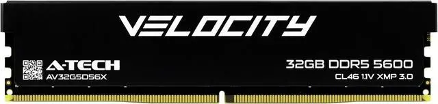 Main image of A-Tech Velocity 32GB DDR5 5600MHz (PC5-44800) CL46 XMP 3.0 UDIMM 1.1V Non-ECC DIMM 288-Pin Desktop PC Gaming Memory RAM Module - Black (AV32G5D56X)