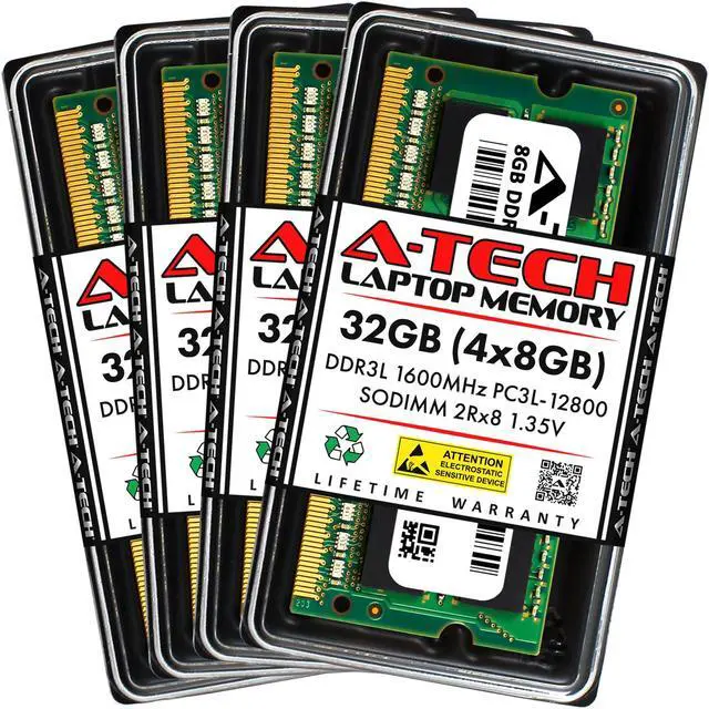 Main image of A-Tech 32GB (4x8GB) DDR3 1600MHz SODIMM PC3-12800 2Rx8 1.35V CL11 Non-ECC Unbuffered 204-Pin Dual Rank SO-DIMM Low Voltage Notebook Laptop RAM Memory Upgrade Kit