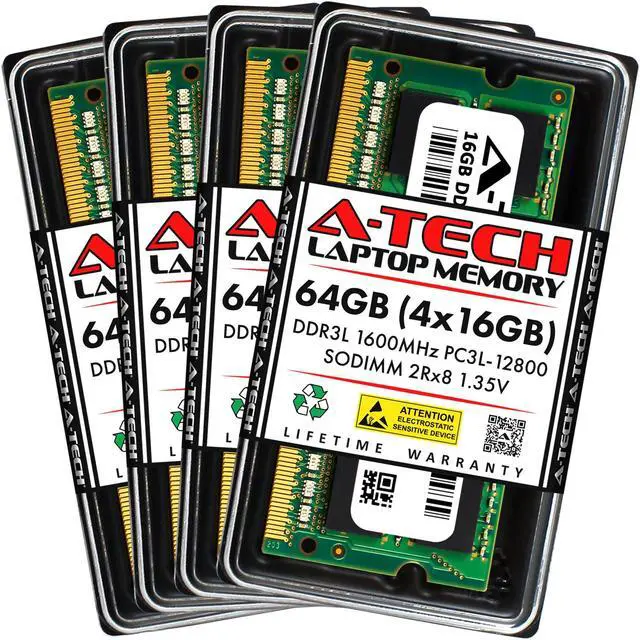 Main image of A-Tech 64GB (4x16GB) DDR3 1600MHz SODIMM PC3-12800 2Rx8 1.35V CL11 Non-ECC Unbuffered 204-Pin Dual Rank SO-DIMM Low Voltage Notebook Laptop RAM Memory Upgrade Kit