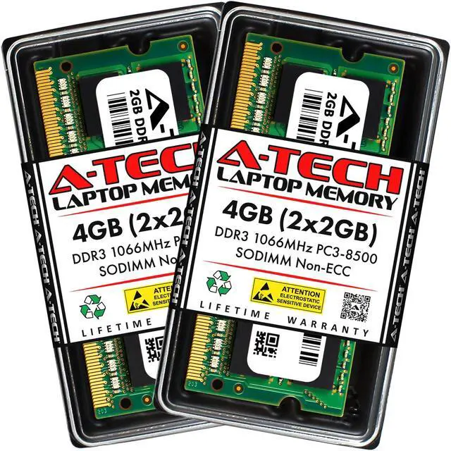 Main image of A-Tech 4GB (2x2GB) DDR3 1066MHz SODIMM PC3-8500 CL7 Non-ECC Unbuffered 204-Pin SO-DIMM Notebook Laptop RAM Memory Upgrade Kit