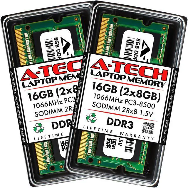Main image of A-Tech 16GB Kit (2x8GB) DDR3 1066MHz SODIMM PC3-8500 CL7 1.5V Non-ECC Unbuffered 2Rx8 Dual Rank 204-Pin SO-DIMM Notebook Laptop RAM Memory Upgrade Modules