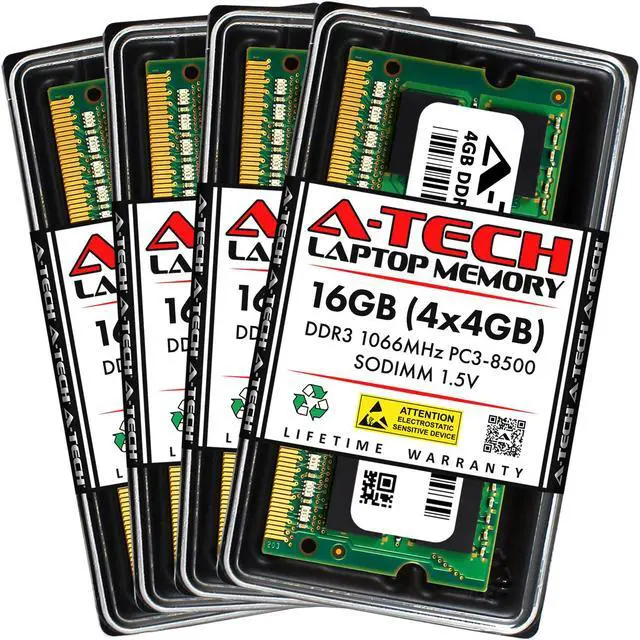 Main image of A-Tech 16GB Kit (4x4GB) DDR3 1066MHz SODIMM PC3-8500 CL7 1.5V Non-ECC Unbuffered 204-Pin SO-DIMM Notebook Laptop RAM Memory Upgrade Modules