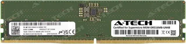 Main image of Supermicro Certified MEM-DR516MB-UN48 | Micron MTC8C1084S1UC48BA1 | 16GB PC5-38400 DDR5 4800MHz 1Rx8 Non-ECC DIMM 288-Pin Desktop Memory RAM