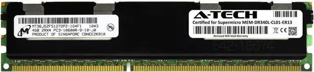 Main image of Supermicro Certified MEM-DR340L-CL01-ER13 | Micron MT36JSZF51272PZ-1G4F1 | 4GB PC3-10600 DDR3 1333MHz 2Rx4 Dual Rank ECC RDIMM Registered 240-Pin Server Memory RAM