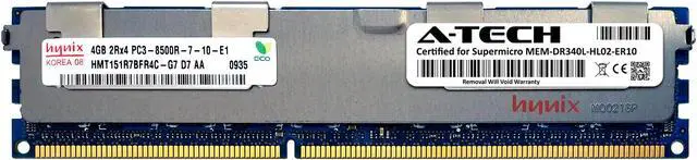 Main image of Supermicro Certified MEM-DR340L-HL02-ER10 | Hynix HMT151R7BFR4C-G7 | 4GB PC3-8500 DDR3 1066MHz 2Rx4 Dual Rank ECC RDIMM Registered 240-Pin Server Memory RAM