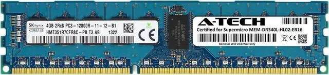 Main image of Supermicro Certified MEM-DR340L-HL02-ER16 | Hynix HMT351R7CFR8C-PB | 4GB PC3-12800 DDR3 1600MHz 2Rx8 Dual Rank ECC RDIMM Registered 240-Pin Server Memory RAM