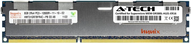 Main image of Supermicro Certified MEM-DR380L-HL01-ER16 | Hynix HMT31GR7BFR4C-PB | 8GB PC3-12800 DDR3 1600MHz 2Rx4 Dual Rank ECC RDIMM Registered 240-Pin Server Memory RAM