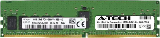 Main image of Supermicro Certified MEM-DR416L-HL06-ER26 | Hynix HMA82GR7CJR8N-VK | 16GB PC4-21300 DDR4 2666MHz 2Rx8 Dual Rank ECC RDIMM Registered 288-Pin Server Memory RAM