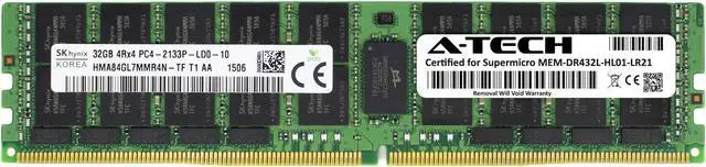 Main image of Supermicro Certified MEM-DR432L-HL01-LR21 | Hynix HMA84GL7MMR4N-TF | 32GB PC4-17000 DDR4 2133MHz 4Rx4 Quad Rank ECC LRDIMM Load Reduced 288-Pin Server Memory RAM