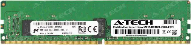 Main image of Supermicro Certified MEM-DR480L-CL01-ER29 | Micron MTA9ASF1G72PZ-2G9E1 | 8GB PC4-23400 DDR4 2933MHz 1Rx8 Single Rank ECC RDIMM Registered 288-Pin Server Memory RAM