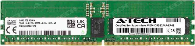 Main image of Supermicro Certified MEM-DR532MA-ER48 | Hynix HMCG84MEBRA | 32GB PC5-38400 DDR5 4800MHz 1Rx4 Single Rank ECC RDIMM Registered 288-Pin Server Memory RAM