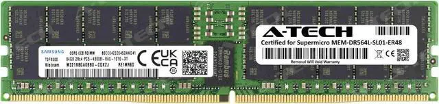 Main image of Supermicro Certified MEM-DR564L-SL01-ER48 | Samsung M321R8GA0BB0-CQK | 64GB PC5-38400 DDR5 4800MHz 2Rx4 Dual Rank ECC RDIMM Registered 288-Pin Server Memory RAM
