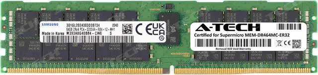 Main image of Supermicro Certified MEM-DR464MC-ER32 | Samsung M393A8G40BB4-CWE | 64GB PC4-25600 DDR4 3200MHz 2Rx4 Dual Rank ECC RDIMM Registered 288-Pin Server Memory RAM
