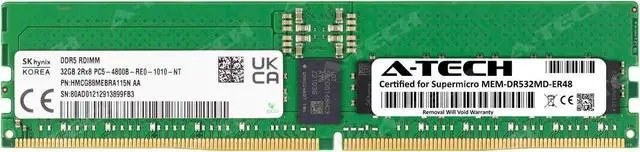 Main image of Supermicro Certified MEM-DR532MD-ER48 | Hynix HMCG88MEBRA | 32GB PC5-38400 DDR5 4800MHz 2Rx8 Dual Rank ECC RDIMM Registered 288-Pin Server Memory RAM