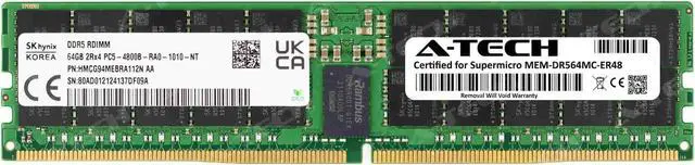 Main image of Supermicro Certified MEM-DR564MC-ER48 | Hynix HMCG94MEBRA | 64GB PC5-38400 DDR5 4800MHz 2Rx4 Dual Rank ECC RDIMM Registered 288-Pin Server Memory RAM