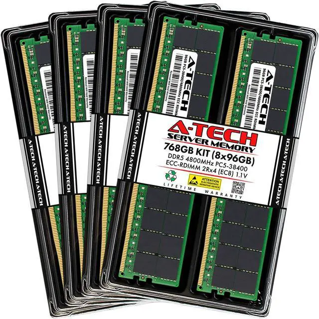 Main image of A-Tech 768GB Kit (8 x 96GB) DDR5 4800MHz EC8 RDIMM PC5-38400 ECC Registered 2Rx4 CL40 1.1V 288-Pin Server Workstation RAM Memory Modules