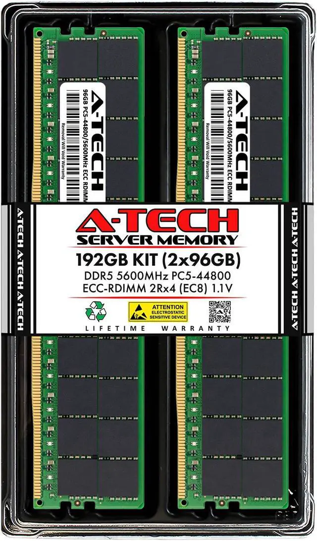 Main image of A-Tech 192GB Kit (2 x 96GB) DDR5 5600MHz EC8 RDIMM PC5-44800 ECC Registered 2Rx4 CL40 1.1V 288-Pin Server Workstation RAM Memory Modules
