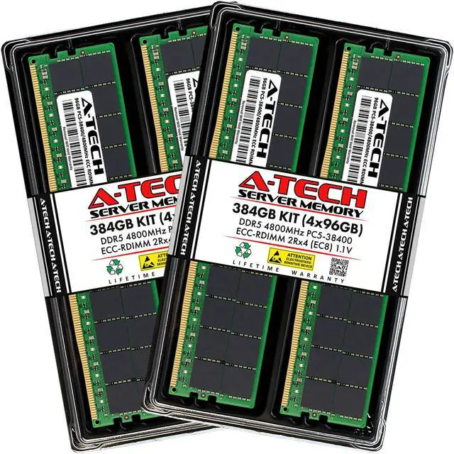 Main image of A-Tech 384GB Kit (4 x 96GB) DDR5 4800MHz EC8 RDIMM PC5-38400 ECC Registered 2Rx4 CL40 1.1V 288-Pin Server Workstation RAM Memory Modules