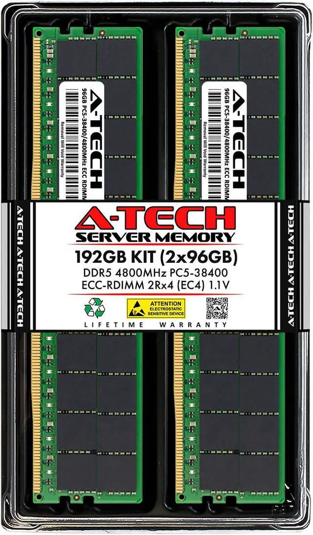 Main image of A-Tech 192GB Kit (2 x 96GB) DDR5 4800MHz EC4 RDIMM PC5-38400 ECC Registered 2Rx4 CL40 1.1V 288-Pin Server Workstation RAM Memory Modules