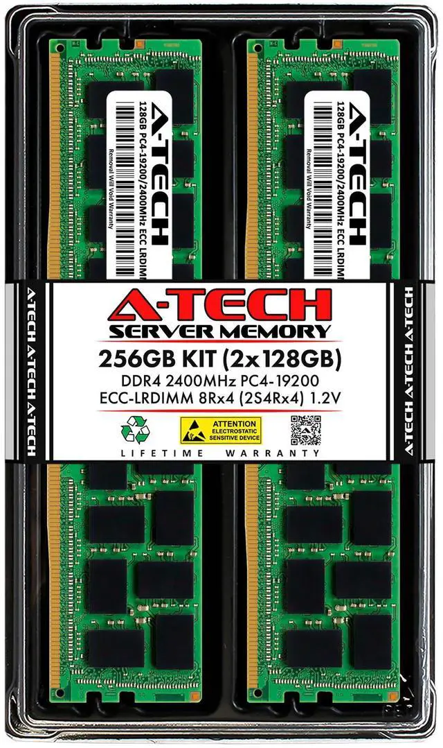 Main image of A-Tech 256GB (2x128GB) 2S4Rx4 (8Rx4 3DS) PC4-19200L DDR4 2400 MHz ECC LRDIMM Load Reduced DIMM 288-Pin Octal Rank x4 3DS/TSV Server & Workstation RAM Memory Upgrade Kit