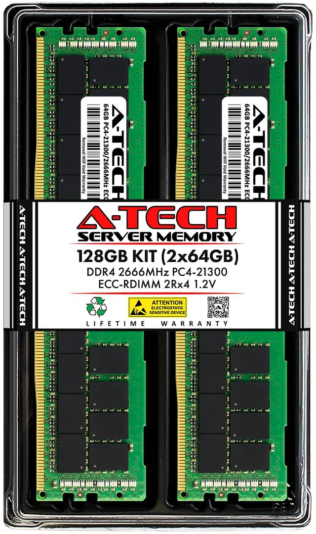 Main image of A-Tech 128GB (2x64GB) 2Rx4 PC4-21300R DDR4 2666 MHz ECC RDIMM Registered DIMM 288-Pin Dual Rank x4 Server & Workstation RAM Memory Upgrade Kit