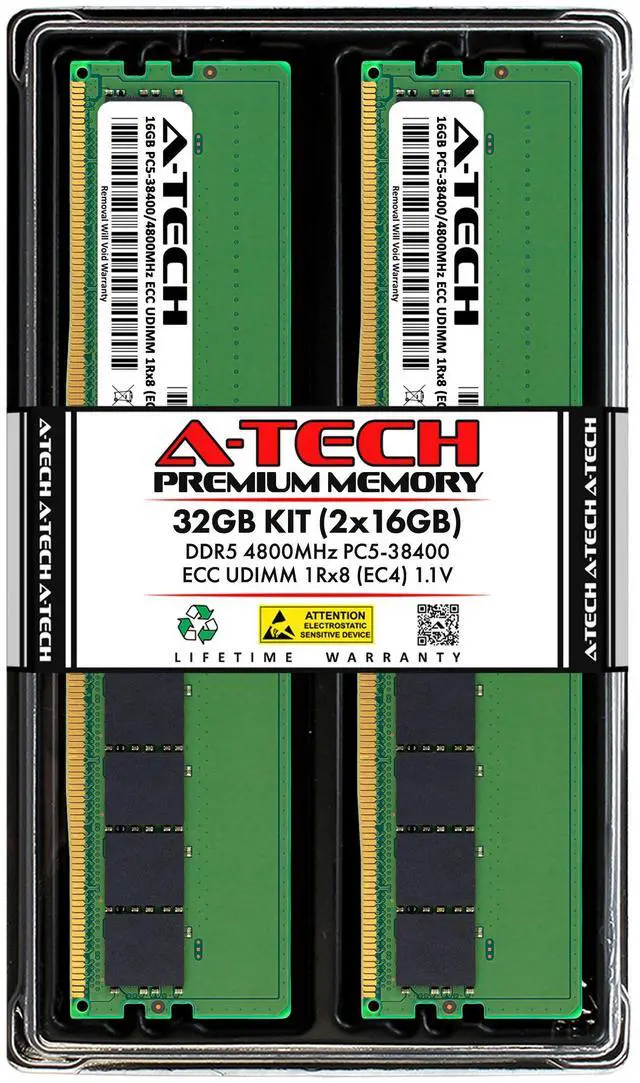 Main image of A-Tech 32GB (2x16GB) 1Rx8 PC5-38400E DDR5 4800 MHz ECC UDIMM Unbuffered DIMM 288-Pin Single Rank x8 Server & Workstation RAM Memory Upgrade Kit