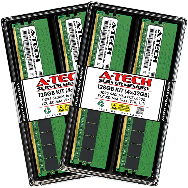 Main image of A-Tech 128GB (4x32GB) 1Rx4 PC5-51200R DDR5 6400 MHz EC8 RDIMM ECC Registered DIMM 288-Pin Single Rank x4 Server & Workstation RAM Memory Upgrade Kit