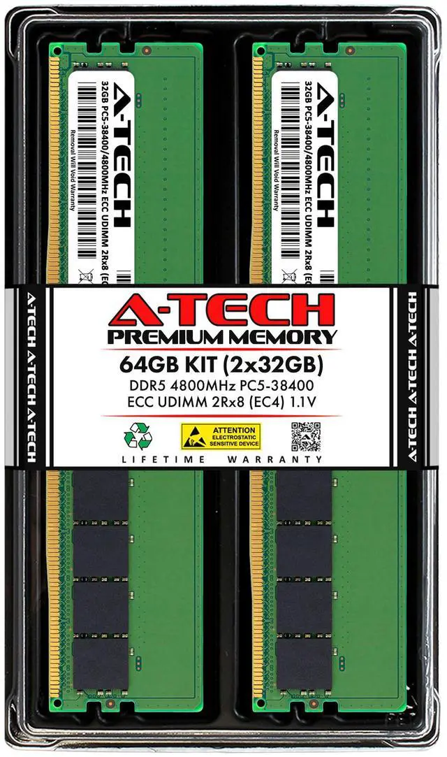 Main image of A-Tech 64GB (2x32GB) 2Rx8 PC5-38400E DDR5 4800 MHz ECC UDIMM Unbuffered DIMM 288-Pin Dual Rank x8 Server & Workstation RAM Memory Upgrade Kit