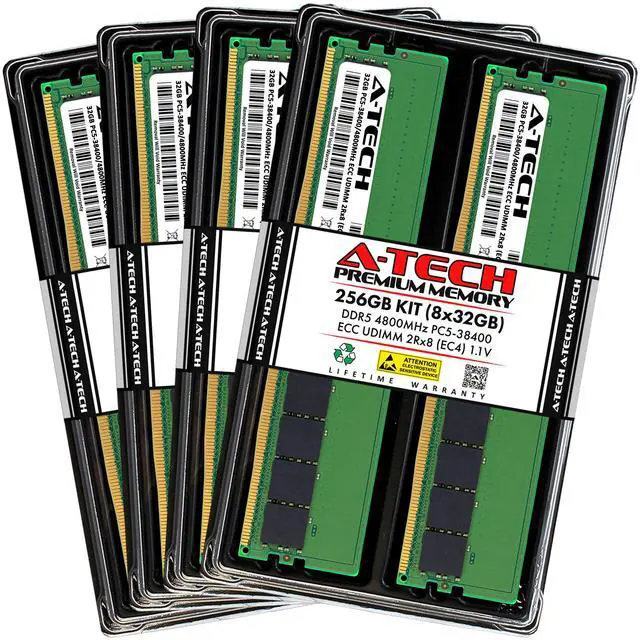 Main image of A-Tech 256GB (8x32GB) 2Rx8 PC5-38400E DDR5 4800 MHz ECC UDIMM Unbuffered DIMM 288-Pin Dual Rank x8 Server & Workstation RAM Memory Upgrade Kit