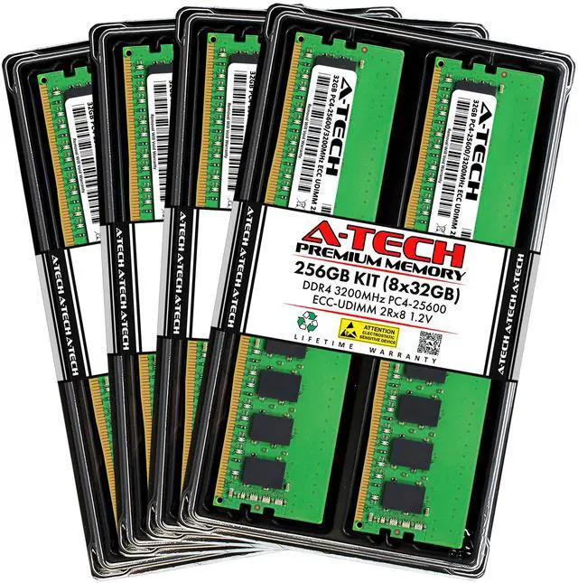 Main image of A-Tech 256GB (8x32GB) 2Rx8 PC4-25600E DDR4 3200 MHz ECC UDIMM Unbuffered DIMM 288-Pin Dual Rank x8 Server & Workstation RAM Memory Upgrade Kit