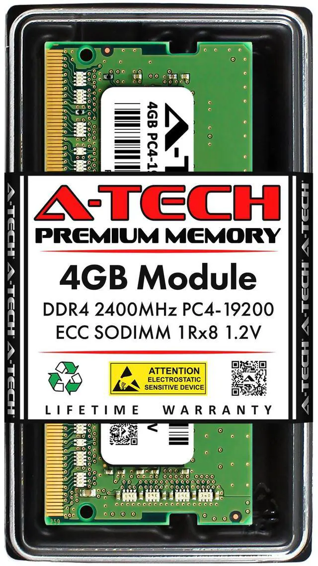 Main image of A-Tech 4GB DDR4 2400 MHz ECC SODIMM PC4-19200 ECC Unbuffered SO-DIMM 260-Pin 1.2V 1Rx8 Single Rank RAM Memory Upgrade Module for Microservers, Mobile Workstations, and NAS Servers