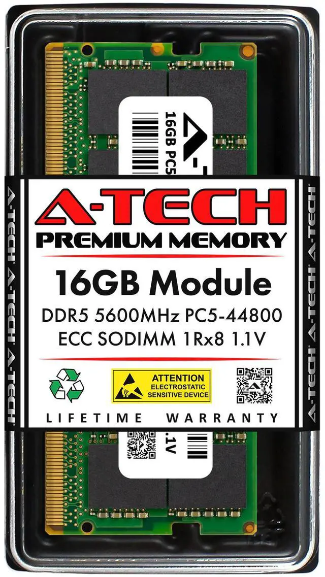 Main image of A-Tech 16GB DDR5 5600 MHz ECC SODIMM PC5-44800 ECC Unbuffered SO-DIMM 262-Pin 1.1V 1Rx8 Single Rank RAM Memory Upgrade Module for Microservers, Mobile Workstations, and NAS Servers