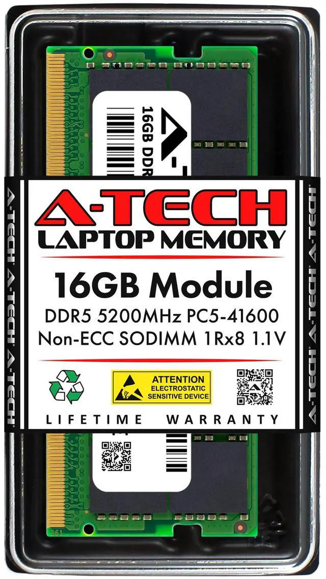 Main image of A-Tech 16GB DDR5 5200MHz SODIMM PC5-41600 Non-ECC Unbuffered CL42 1.1V 262-Pin SO-DIMM Laptop, Notebook, All-in-One Computer RAM Memory Upgrade Module