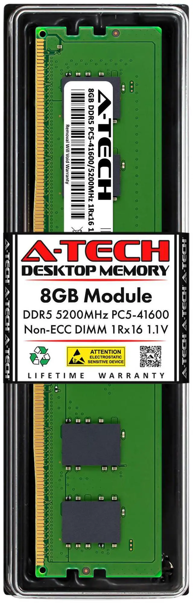 Main image of A-Tech 8GB DDR5 5200MHz DIMM PC5-41600 Non-ECC Unbuffered CL42 UDIMM 288-Pin 1.1V Desktop Tower PC RAM Memory Upgrade Module