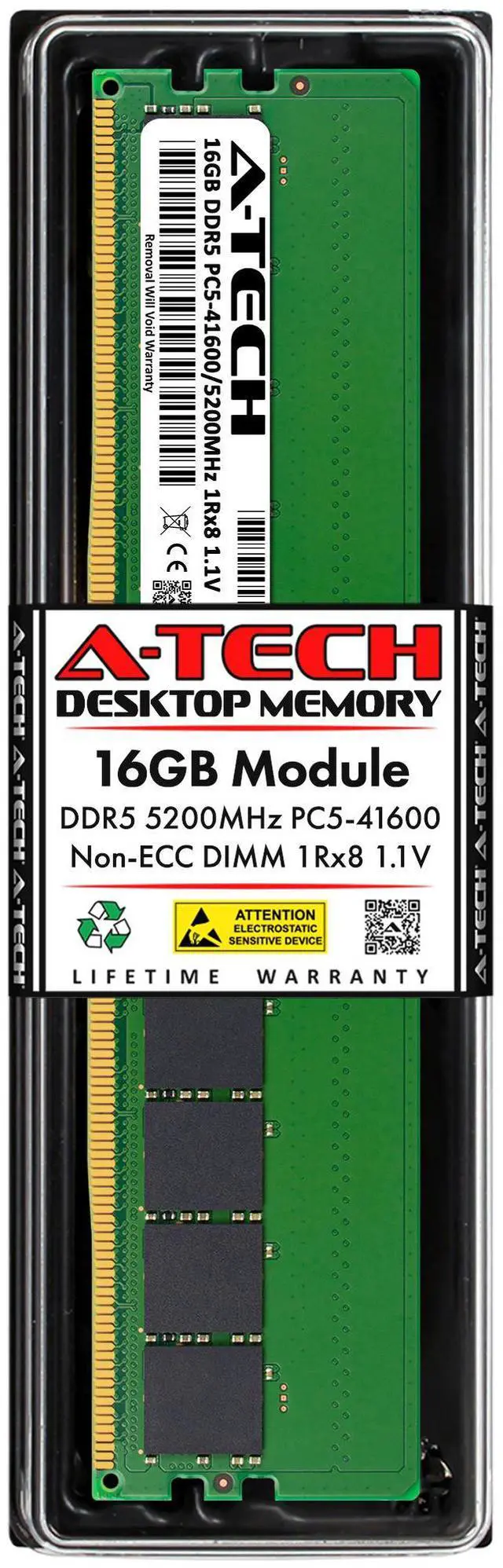 Main image of A-Tech 16GB DDR5 5200MHz DIMM PC5-41600 Non-ECC Unbuffered CL42 UDIMM 288-Pin 1.1V Desktop Tower PC RAM Memory Upgrade Module