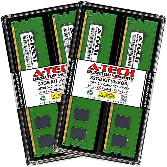 Main image of A-Tech 32GB (4x8GB) DDR5 5200MHz DIMM PC5-41600 Non-ECC Unbuffered CL42 UDIMM 288-Pin 1.1V Desktop Tower PC RAM Memory Upgrade Kit