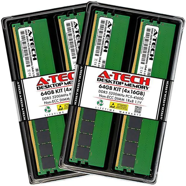 Main image of A-Tech 64GB (4x16GB) DDR5 5200MHz DIMM PC5-41600 Non-ECC Unbuffered CL42 UDIMM 288-Pin 1.1V Desktop Tower PC RAM Memory Upgrade Kit