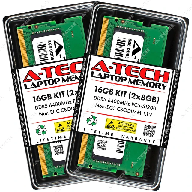 Main image of A-Tech 16GB 2x 8GB PC5-51200 DDR5 6400 MHz CSODIMM Laptop Memory RAM x2