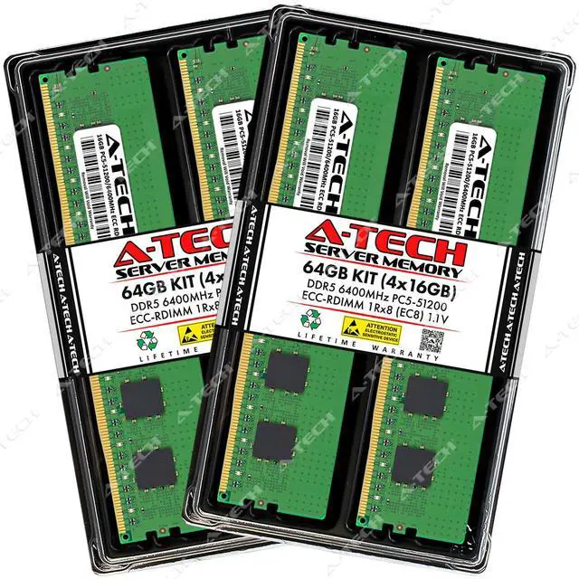 Main image of A-Tech 64GB (4x16GB) 1Rx8 PC5-51200R DDR5 6400 MHz EC8 RDIMM ECC Registered DIMM 288-Pin Single Rank x8 Server & Workstation RAM Memory Upgrade Kit