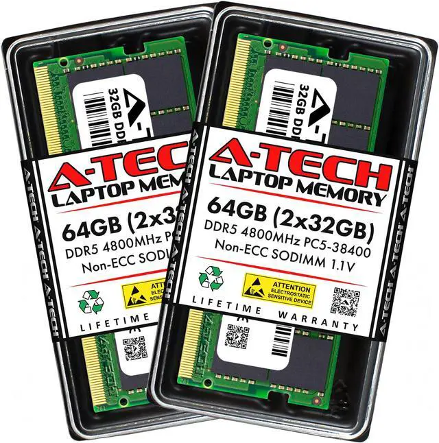 Main image of A-Tech 64GB Kit (2 x 32GB) DDR5 4800MHz SODIMM PC5-38400 Non-ECC Unbuffered CL40 1.1V 262-Pin SO-DIMM Laptop Notebook Computer RAM Memory Upgrade Modules