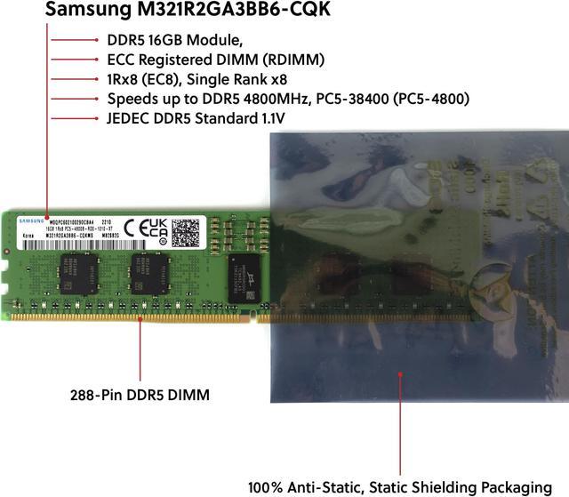 Samsung M321R2GA3BB6-CQK 16GB DDR5-4800 REG EC8 RDIMM PC5-38400R ECC  Registered DIMM 288-Pin 1Rx8 1.1V Server Memory RAM Module